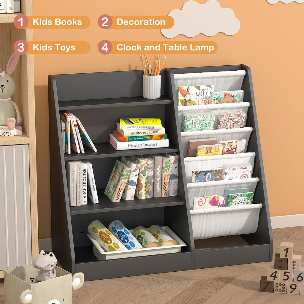 NACHES 4 Tier Kid Bookshelf Wooden 5 Sling Children Bookcase Toddler Montessori Bookcase Book Rack Display Toy Storage Organizer Book Display Shelf Stand Classroom Bedroom Nursery Playroom (Black)
