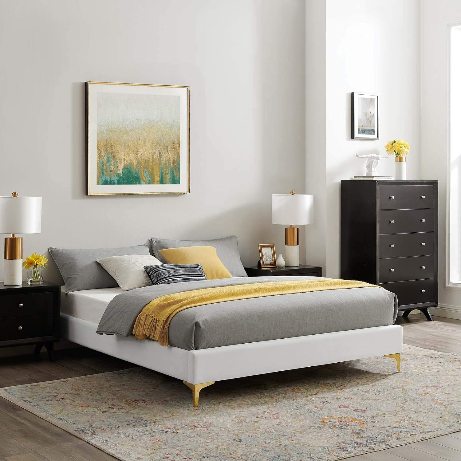 Modway MOD-6275-WHI Sutton Queen Performance Velvet Bed Frame, White