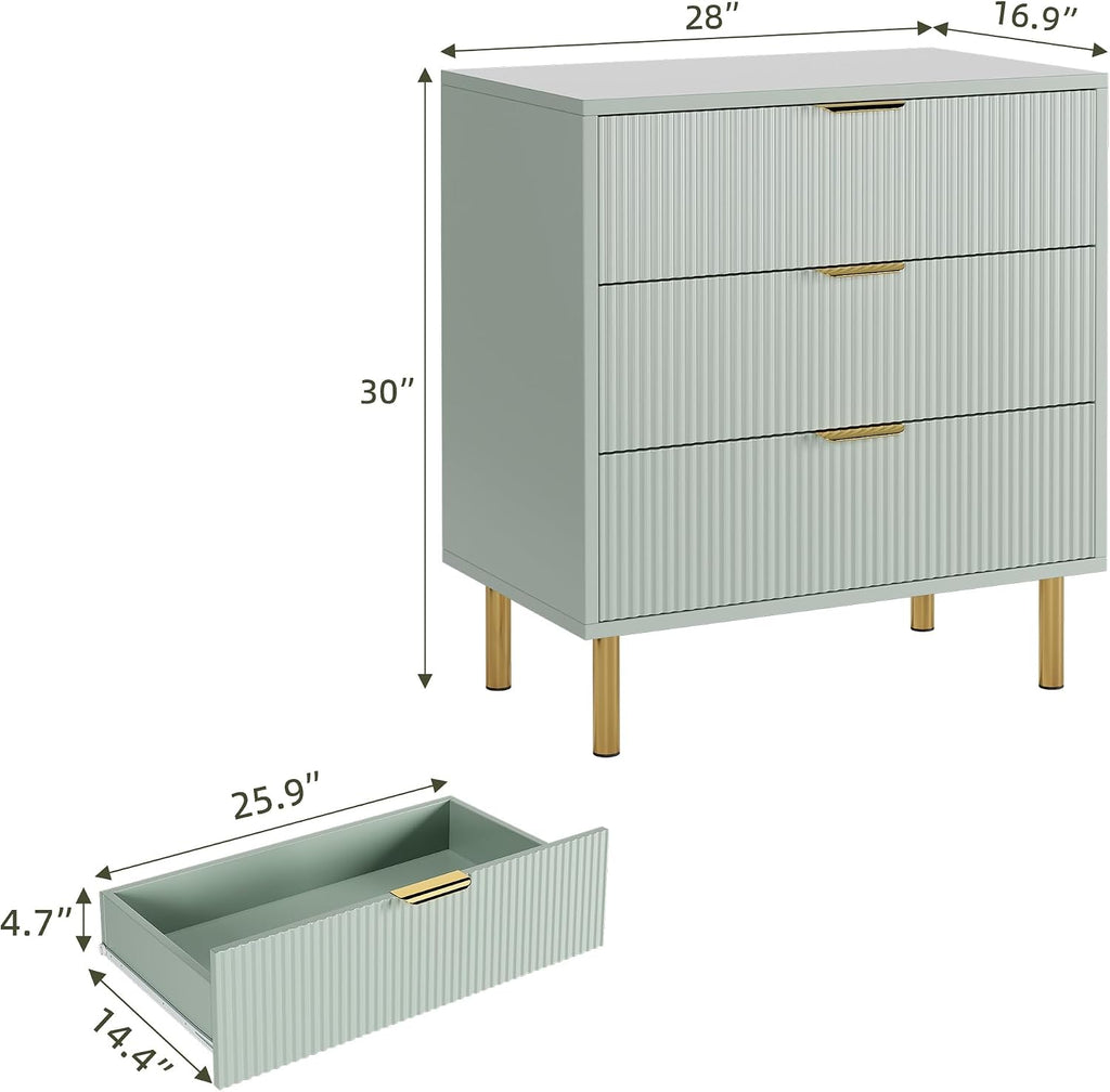 GarveeHome Green Dresser, Modern 3 Drawer Dresser for Bedroom with Gold Handle and Large Drawer, Wood Double Chest of Drawers and Storage Organizer for Living Room, Hallway, Entryway