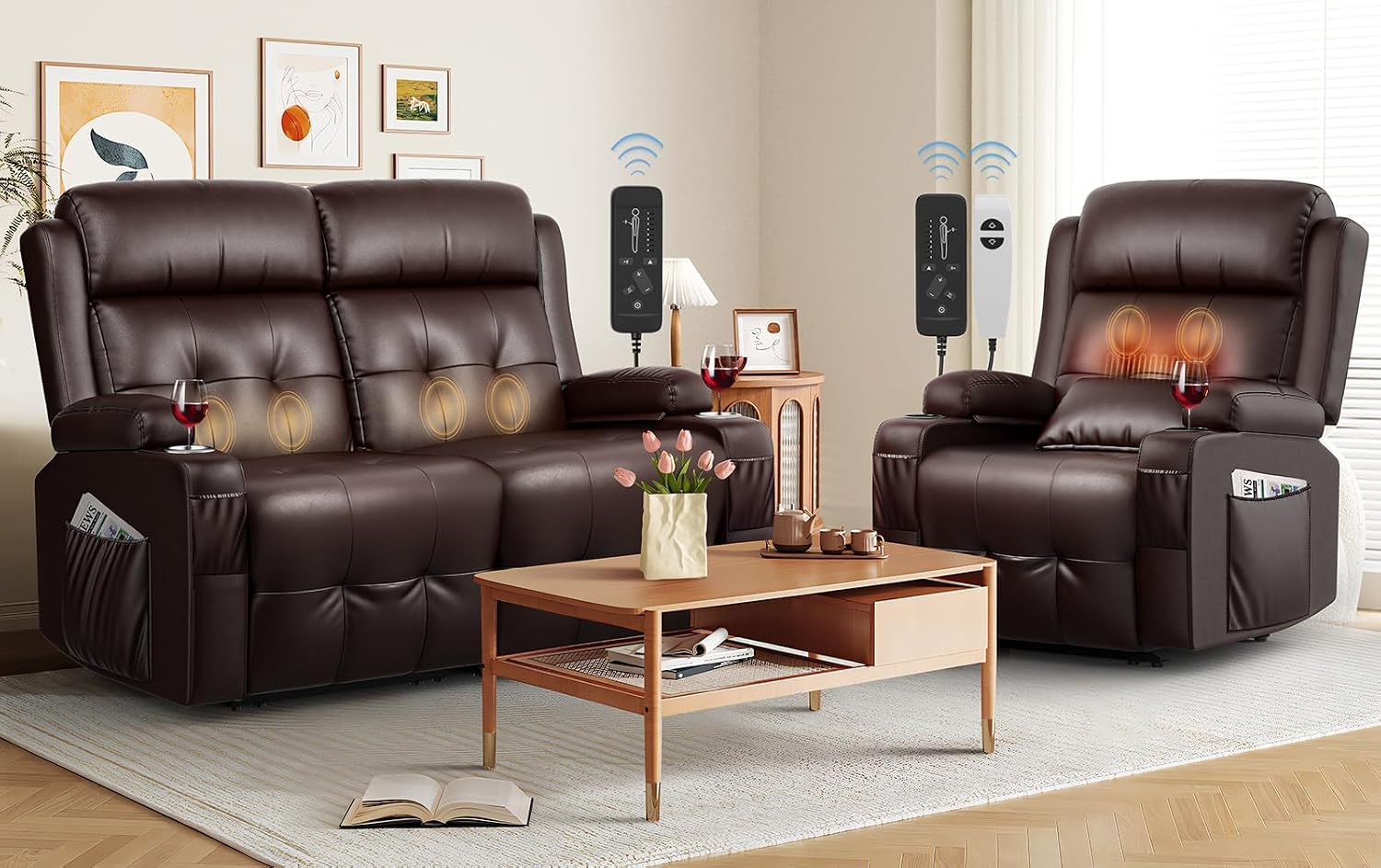 Reclining Loveseat, 1 Single Power Heat & Massageable Recliner Chair with Storage, Cup Holders, Oversized Massage Sofa Heavy Weight Capacity, Wall Hugger Couches for Living Room & RV