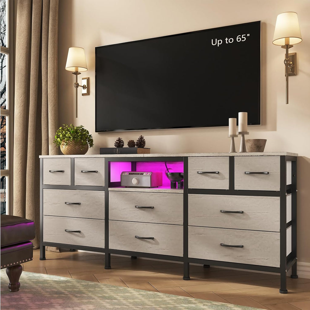 White Dresser for Bedroom with LED Lights and Power Outlets, 55' TV Stand with 10 Drawers & Open Shelves, Fabric Chest of Drawers with PU Finish, Metal Frame, Wood Top (Greige)