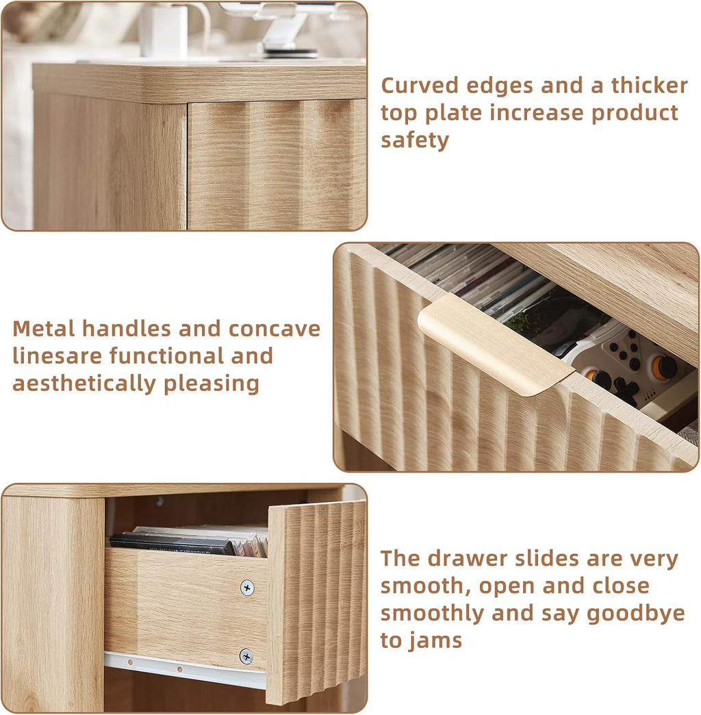 LEYAOYAO Fluted Nightstand with Charging Station, 23' Wide 1 Drawers Night Stand,Natural End Table with Open Storage,Farmhouse Bed Side Tables, Wood Dresser for Bedroom, Living Room, Closet