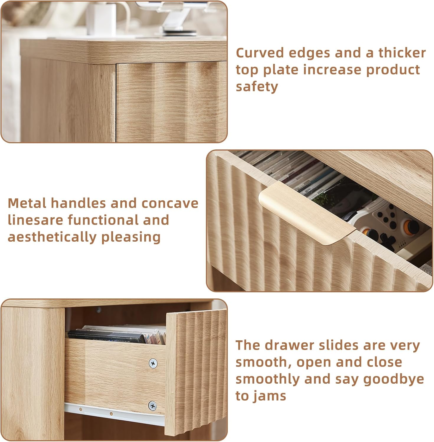 LEYAOYAO Fluted Nightstand with Charging Station, 23' Wide 1 Drawers Night Stand,Natural End Table with Open Storage,Farmhouse Bed Side Tables, Wood Dresser for Bedroom, Living Room, Closet