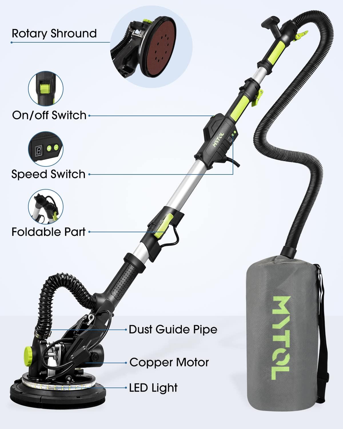 MYTOL Drywall Sander, 7.2A Electric Drywall Sander with Vacuum Dust Collection, LED Light, 6 Variable Speed Digital Display 900-1800RPM, Foldable & Extendable Handle