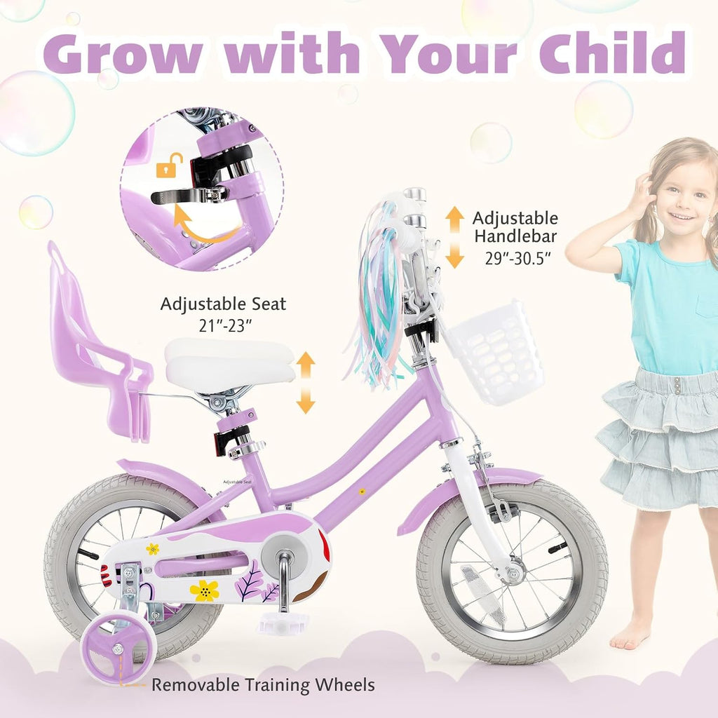 HONEY JOY Kids Bike, 12 14 16 18 Inch Girls Bike w/Training Wheels, Doll Seat, Streamers, Handbrake & Coaster Brake, Fully Enclosed Chain, Princess Style Children Bicycle, Gift for Girls 3-8