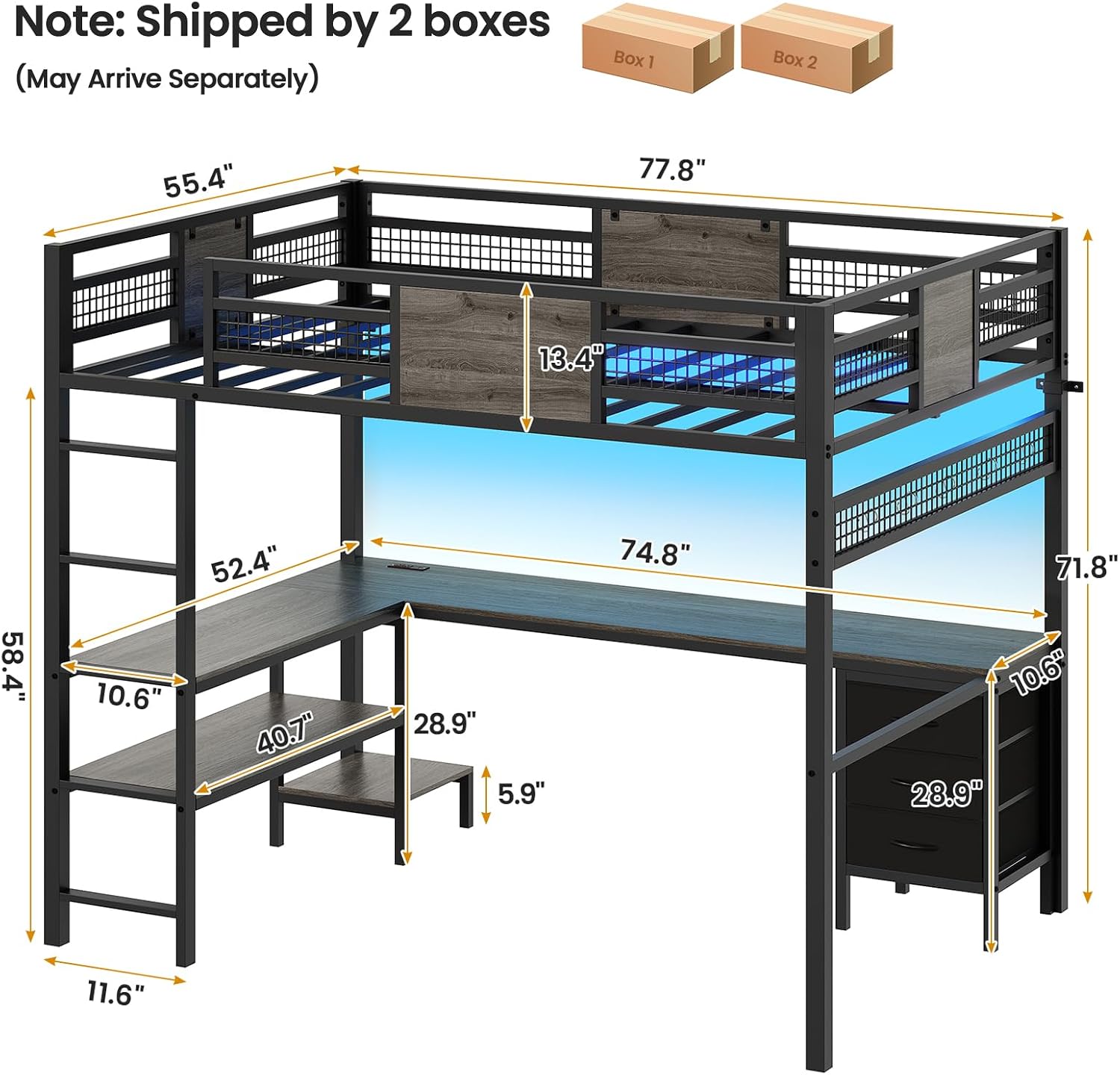 ADORNEVE Loft Bed Full Size with L-Shaped Desk, 3 Storage Drawers, Power Outlet, 3 Storage Shelves, Metal Loft Bed Frame with RGB Lights, Bed with Safety Guardrail & Ladders,Space-Saving, Grey