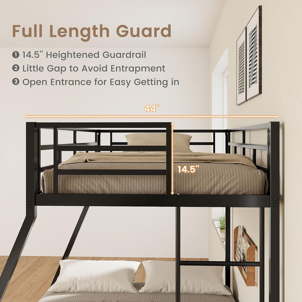 DORTALA Twin Over Full Bunk Bed, Metal Bunk Bed Frame w/Ladder, Safety Rail & Steel Slats, Space-Saving Bunk Beds for Kids Teens Adults, Noise Free for Dorm Bedroom, No Box Spring Needed, Black
