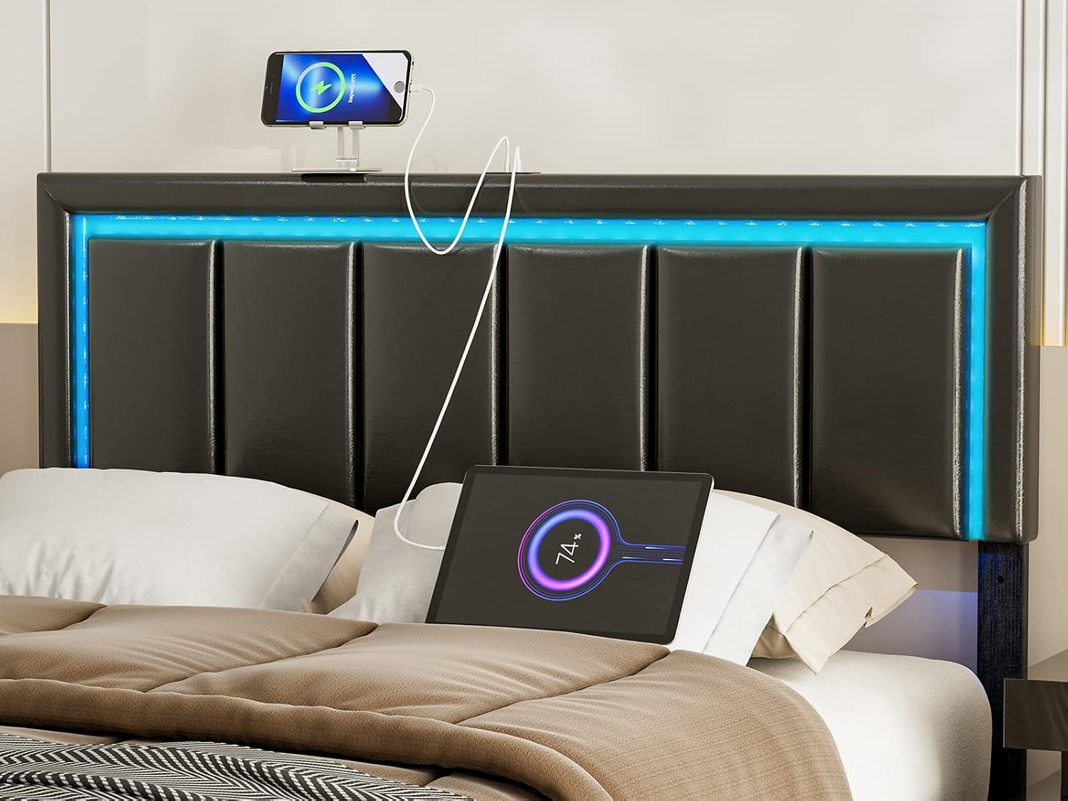 IKIFLY Full Size LED Headboard with 2 USB Ports, Adjustable Height - Modern Upholstered Faux Leather Full Headboard Only with Changing LED Lights, Easy Assembly, Black