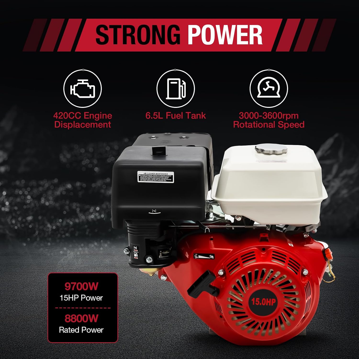 Gas Engine 15HP, 420CC Gas Powered 4 Stroke Multi-Use Engine Pull Start Air Cooled (15HP, 420CC, Red)
