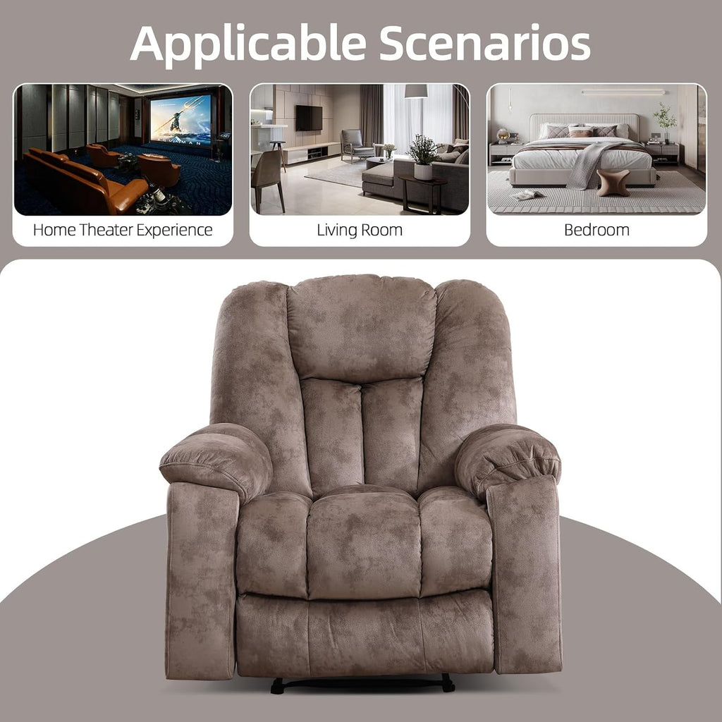 EBELLO Manual Recliner Chair with Massage and Heat, Soft Fabric Massage Recliner for Adults with Hidden Cup Holders, Side Pocket, Overstuffed Single Reclining Sofa for Living Room, Brown