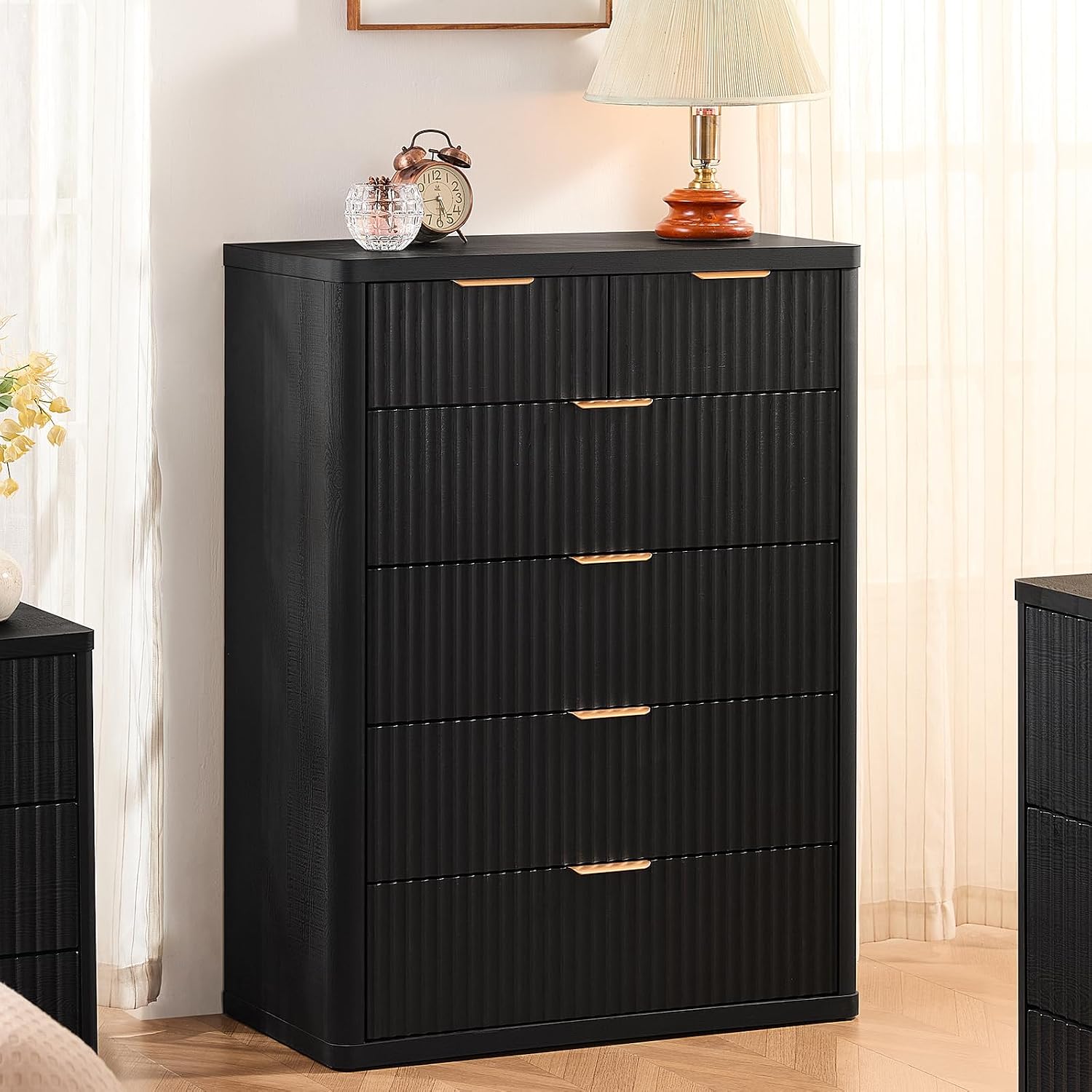 LEYAOYAO Fluted 6 Drawers Dresser for Bedroom, 42' Tall Modern Chest of Drawers with Metal Handle, Curved Profile Design,Black Wood Drawer Organizer for Bedroom, Living Room, Hallway, Entryway