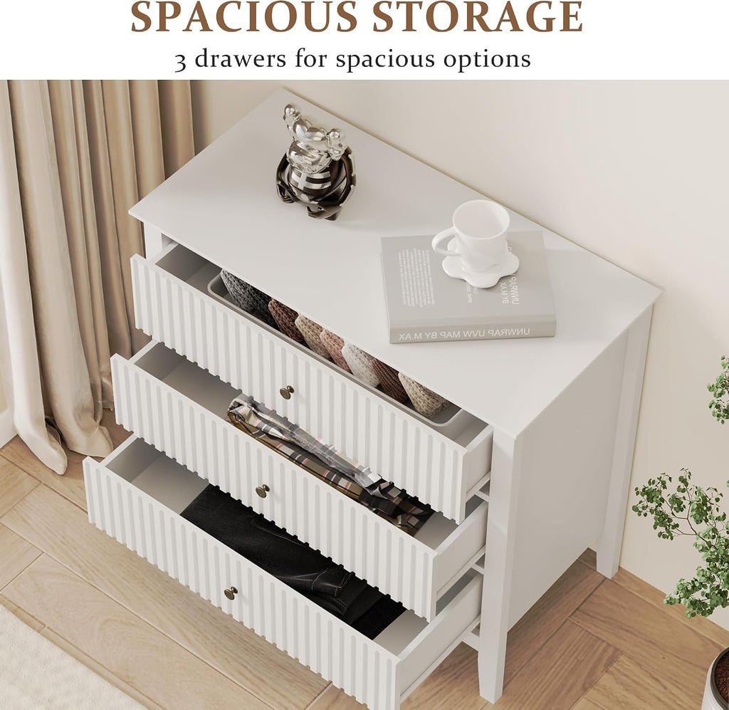RoyalCraft White Fluted 3 Drawer Dresser, 32 inch Wide Dresser Nightstand for Bedroom, Modern Wood Chest of Drawers, Large Painted Nightstand with 3 Drawers for Closet, Hallway, Entryway