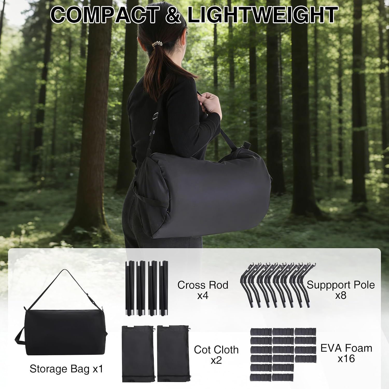 REDCAMP Ultra-Light Double Cot Bed for Adults 2 Person, 500lbs 55' W Heavy Duty XXL Camping Double Cot, Portable Folding Sleeping Cot for Indoor Office Outdoor, Black