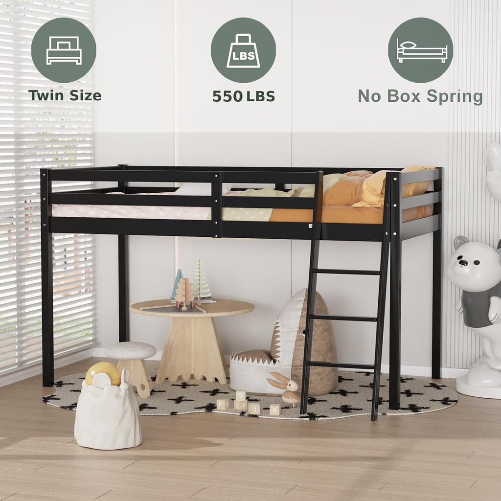 VINGLI 47'' Tall Junior Low Loft Bed with Stairs, Wood Loft Bed Twin Size for Adults, Kids and Young Teens, No Box Spring Required,Wood Slat Support, Black