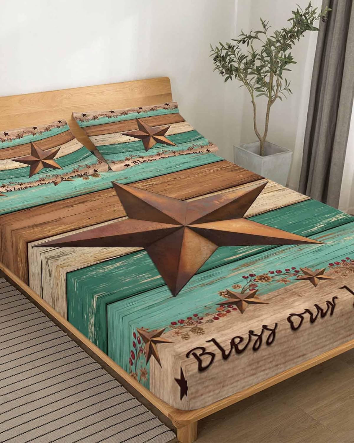 Western Texas Star Retro Cal King Sheet Set 4 Piece Bedding - Vintage Farmhouse Brown Teal Wooden Breathable Comfy Cooling Bed Sheets & Pillowcase Sets, Hotel Flat Sheets Deep Pockets Fitted Sheet