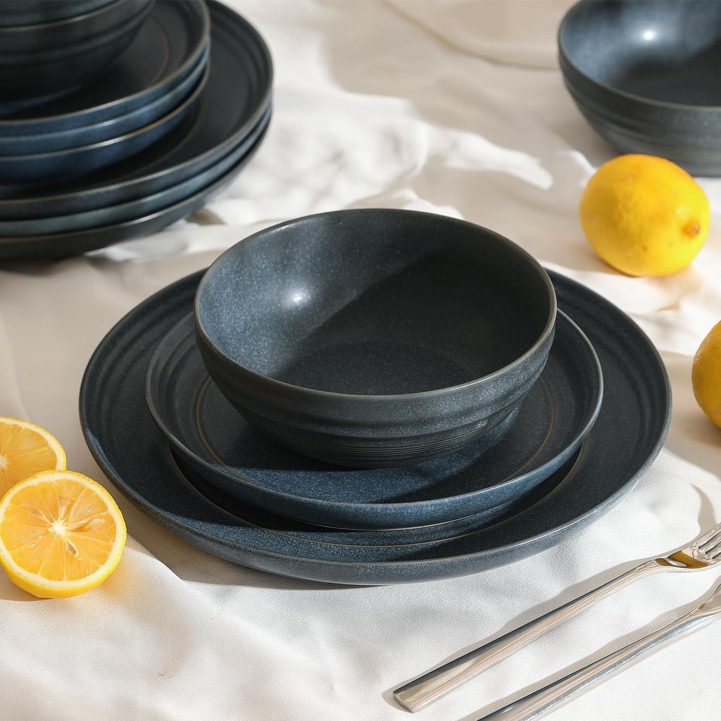Stone Lain Elio 24-Piece Dinnerware Set Stoneware, Plates and Bowls Set, Dish Set for 8, Blue