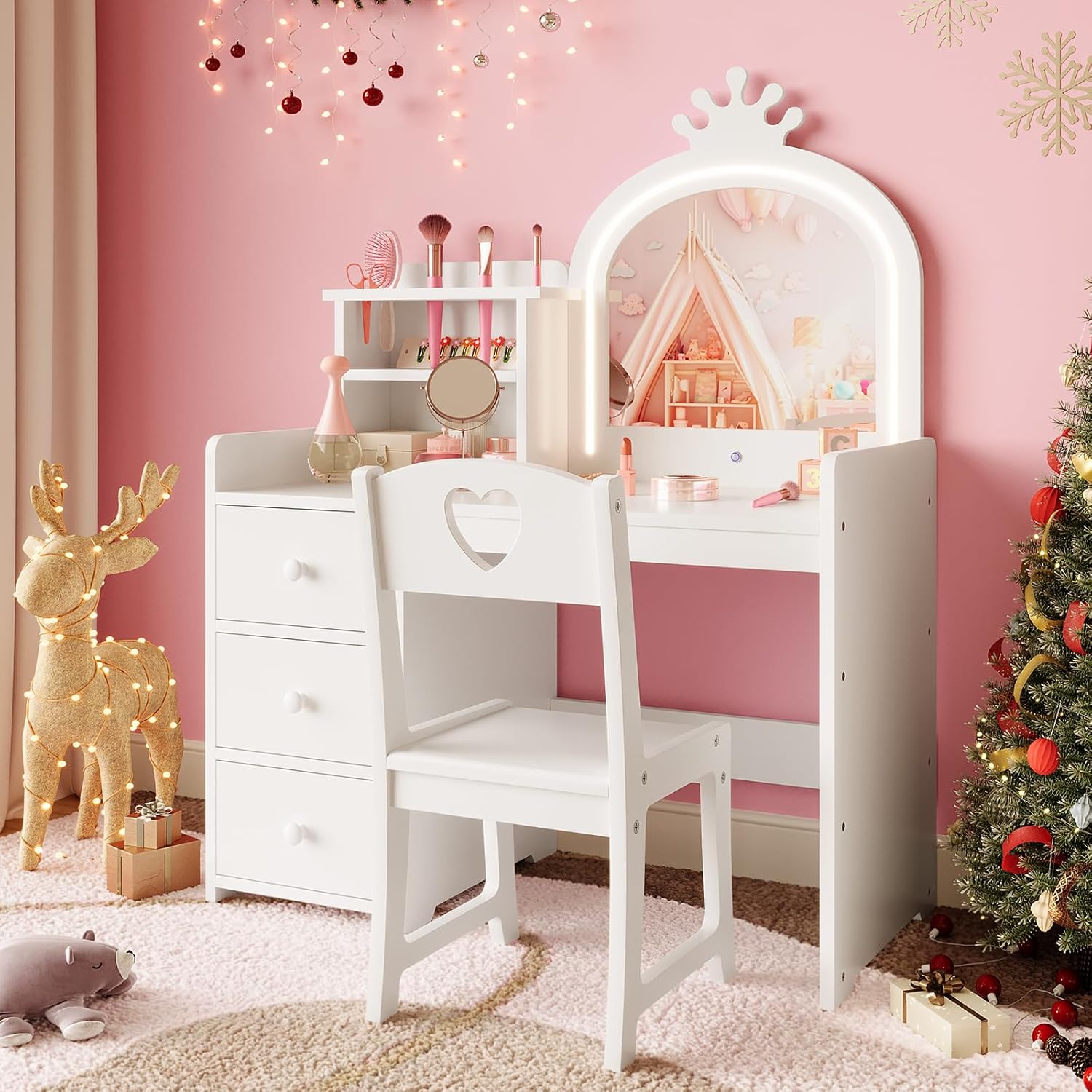 Garvee Kids Vanity with Lights, 2 in-1 Wooden Toddler Vanity Table with Stool & Drawer,Princess Pretend Play Makeup Vanity Princess Makeup Desk Dressing Table for Little Girls,Christmas Birthday Gift