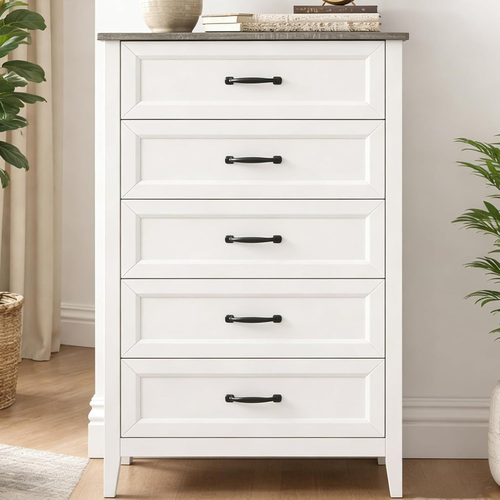 Gizoon 5 Drawer Dresser, 44.8' H Wood Chest of Drawers, White Dresser for Bedroom, with Smooth Rail, Metal Handles, Anti-tip Device, Modern Chest, for Living Room, Hallway, Black