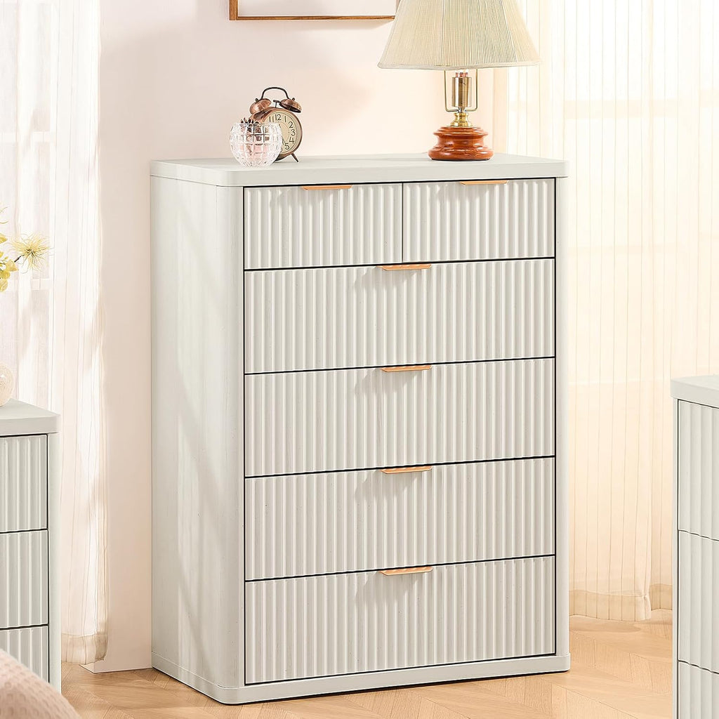 LEYAOYAO Fluted 6 Drawers Dresser for Bedroom Set of 2, 42' Tall Modern Chest of Drawers with Metal Handle, Curved Profile Design,Wood Drawer Organizer for Bedroom, Living Room,Antique White