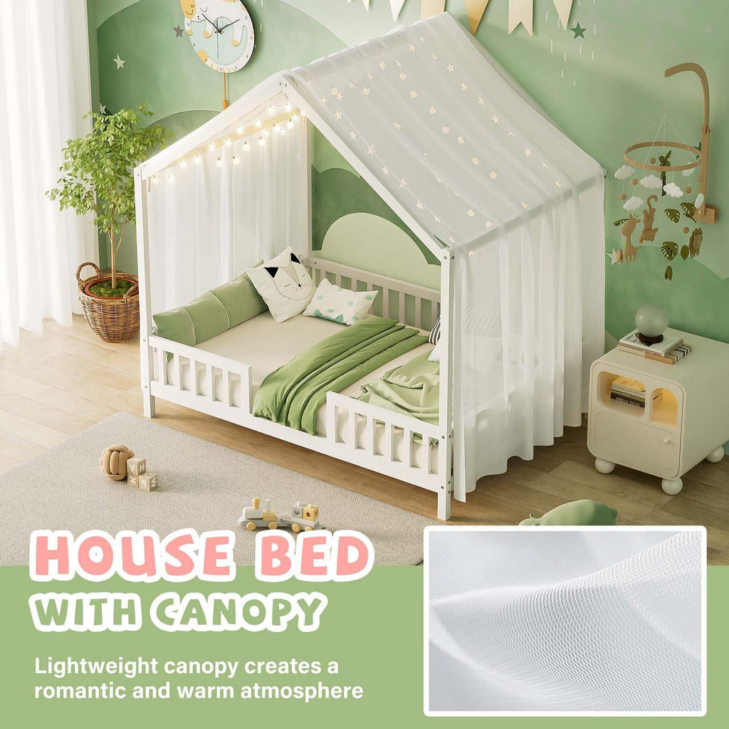 Cute Montessori Bed Frame Full Size with Canopy, Low Profile House Shape Bed with Safety Railing & Wood Slat Support, Kids Playhouse Bedframes for Boys Girls (White, Full)
