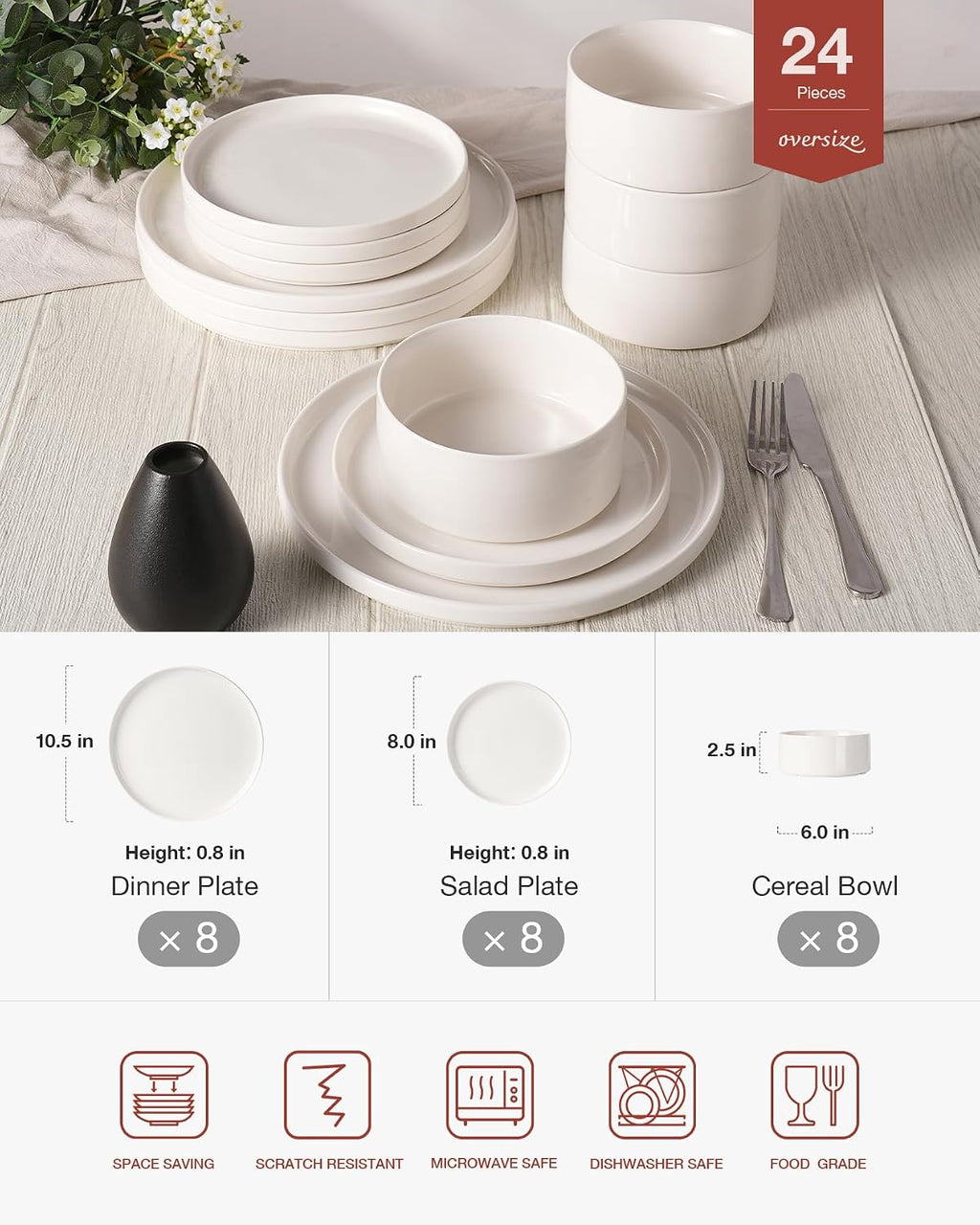 Famiware Porcelain Dinnerware Set, 24-Piece Modern Plate and Bowl Set, dish set for 8, Microwave and Dishwasher Safe Tableware, White