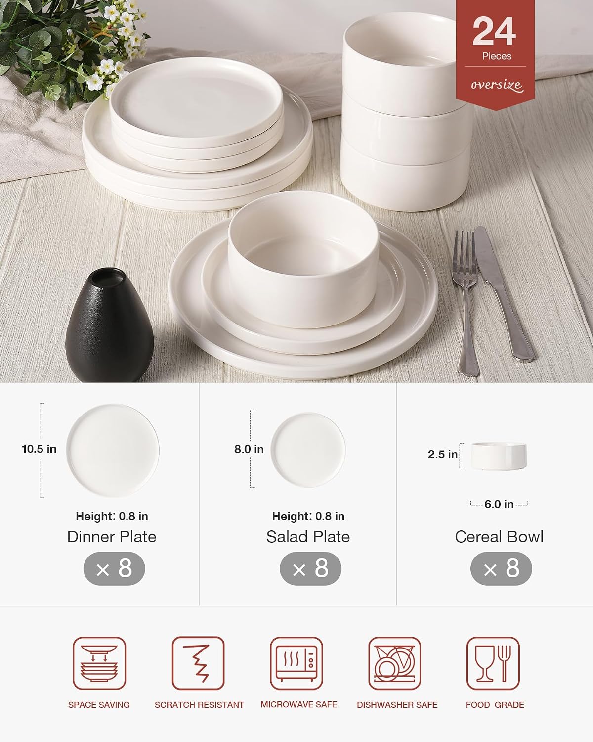 Famiware Porcelain Dinnerware Set, 24-Piece Modern Plate and Bowl Set, dish set for 8, Microwave and Dishwasher Safe Tableware, White