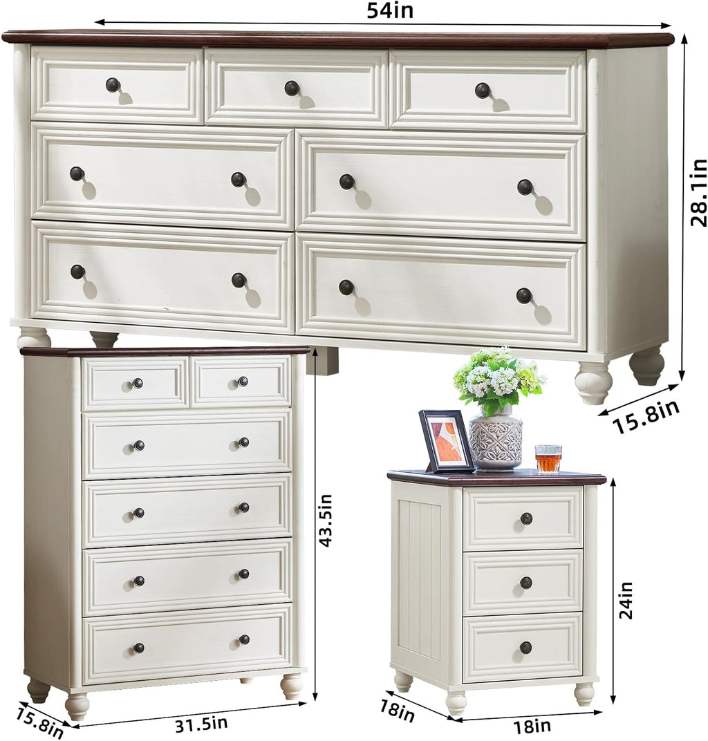 RWYHG Farmhouse Dresser and Nightstand Sets 4 Piece, Wooden 7 Drawers Dresser & 43.5' Tall Chest of Drawers, 18' Roman Column Nightstand Set of 2, Furniture Dressers for Bedroom, Living Room