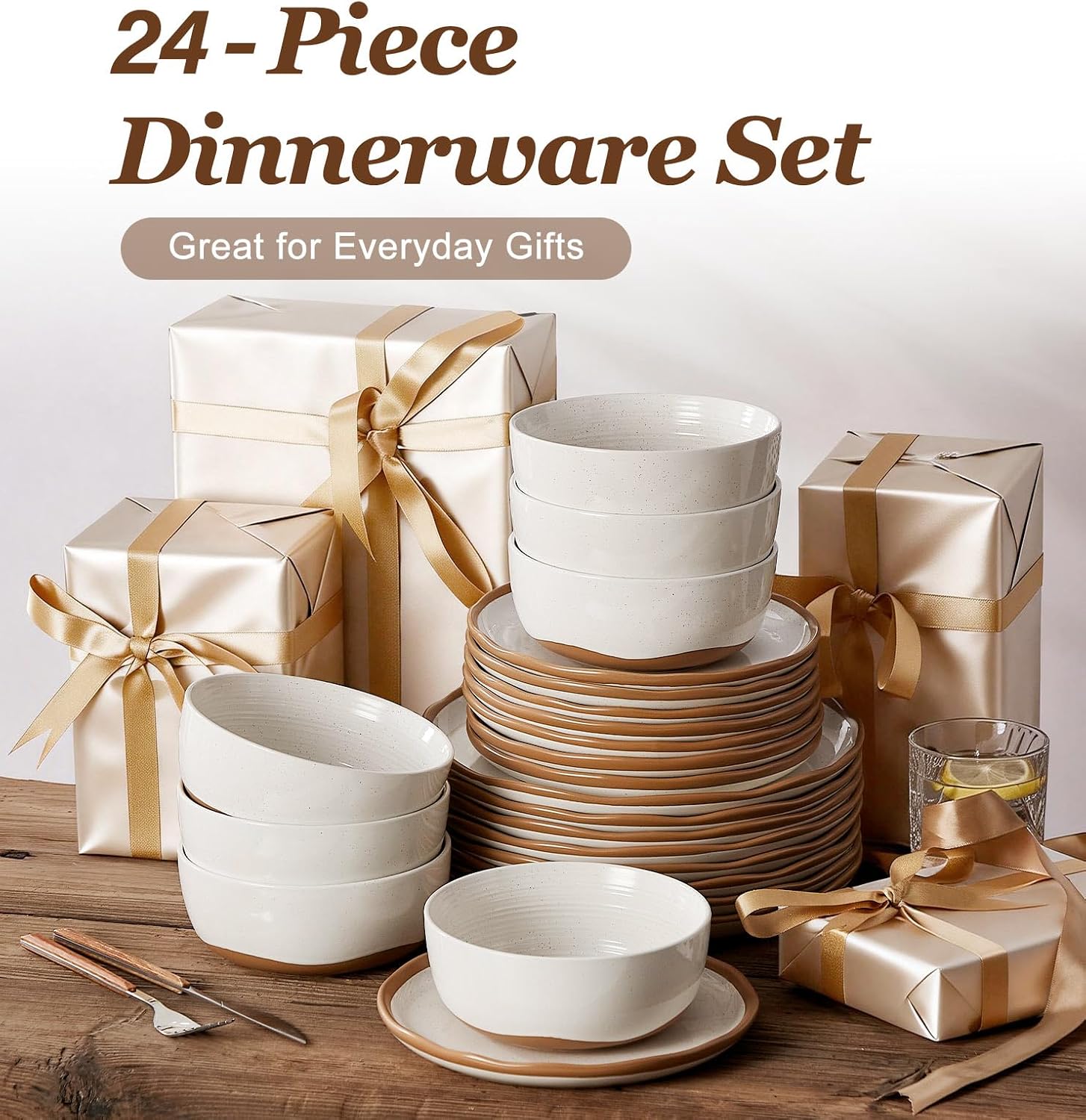 24 Piece Dinnerware Sets for 8 - Farmhouse Ceramic Plates and Bowls Sets - Scratch Resistant Stoneware Dishes Set, Dishwasher & Microwave Safe, Stack Compactly Dishware - Vintage White