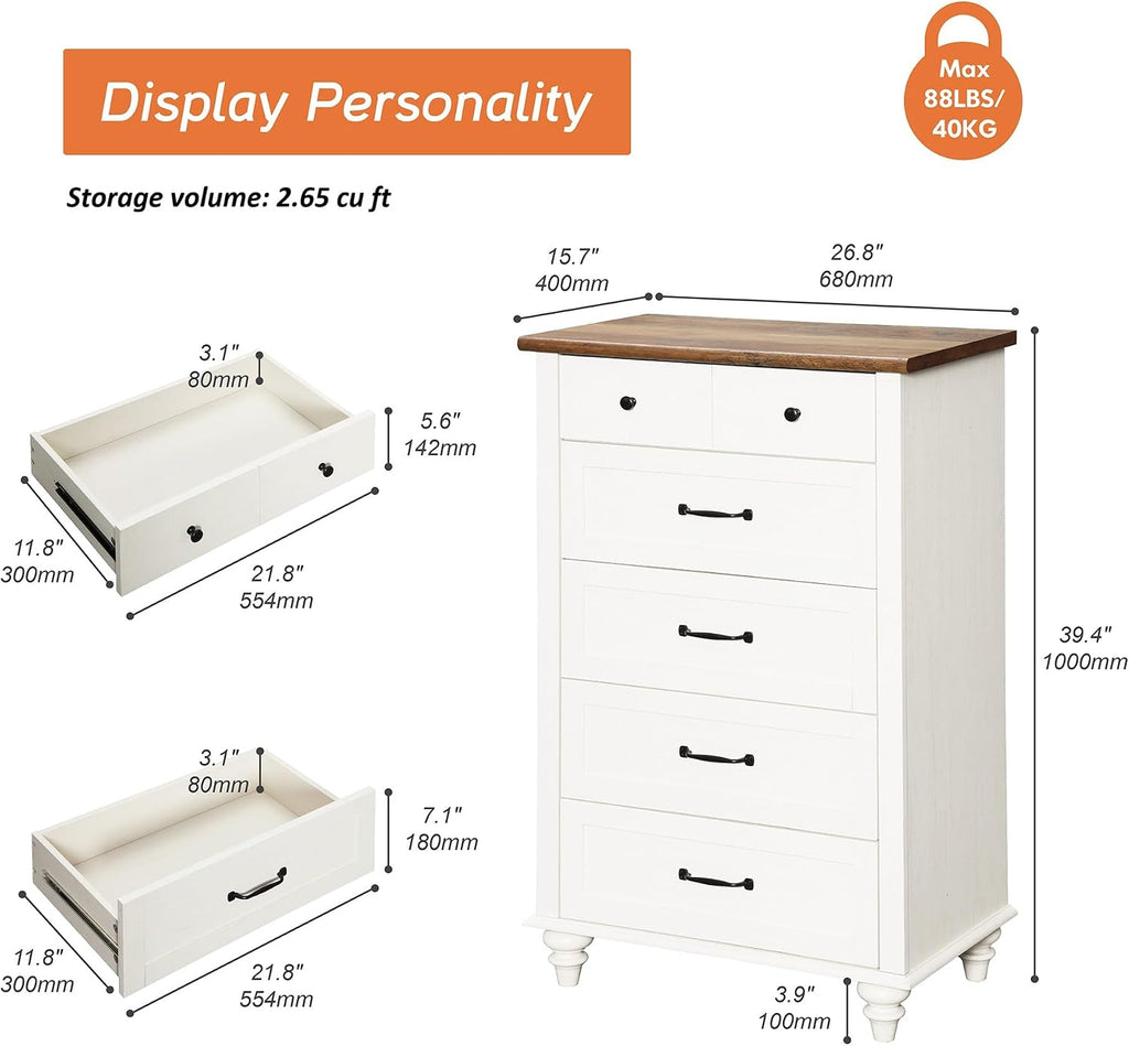 WAMPAT Off White Dresser for Bedroom with 5 Drawers, Tall Kids Dressers with Wide Chest of Drawers, Mid Century Modern Wooden Closet Storage Organizer, Samll Dressers for Living Room, Nursery, Hallway
