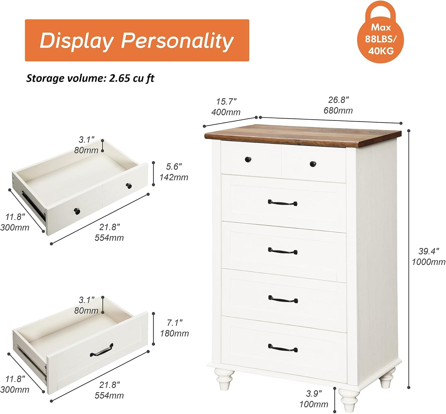 WAMPAT Off White Dresser for Bedroom with 5 Drawers, Tall Kids Dressers with Wide Chest of Drawers, Mid Century Modern Wooden Closet Storage Organizer, Samll Dressers for Living Room, Nursery, Hallway