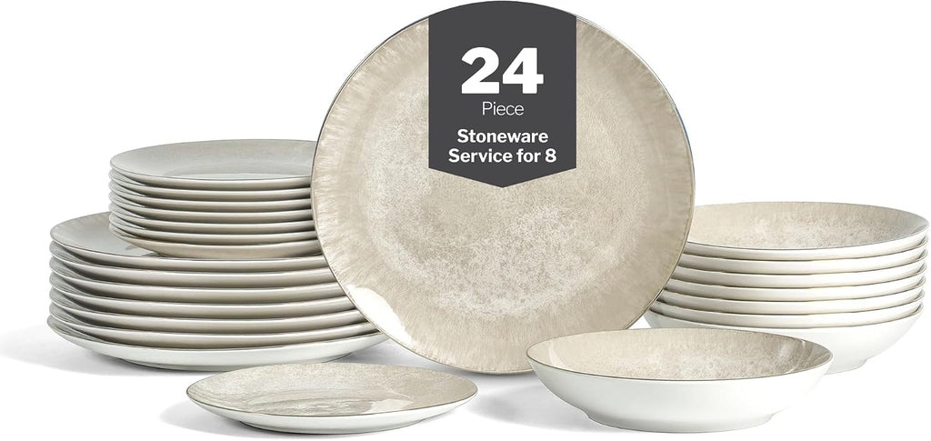 Christian Siriano Onyx 24-Piece Dinnerware Set Porcelain, Plates and Bowls Set, Hand Wash Dish, Dish Set for 8, Beige and Gold