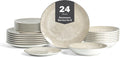 Christian Siriano Onyx 24-Piece Dinnerware Set Porcelain, Plates and Bowls Set, Hand Wash Dish, Dish Set for 8, Beige and Gold