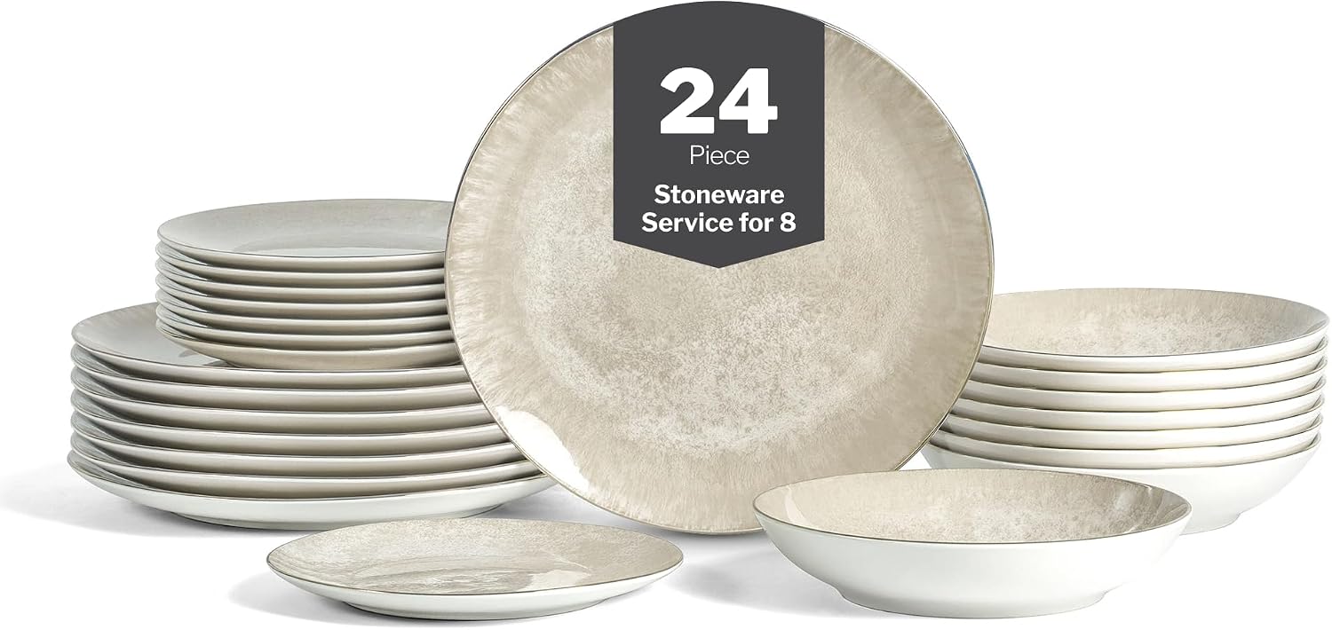 Christian Siriano Onyx 24-Piece Dinnerware Set Porcelain, Plates and Bowls Set, Hand Wash Dish, Dish Set for 8, Beige and Gold