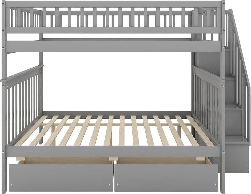 Harper & Bright Designs Full Over Full Stairway Bunk Bed with Two Drawers and Storage, Solid Wood Full Bunk Bed, No Box Spring Required（Grey）