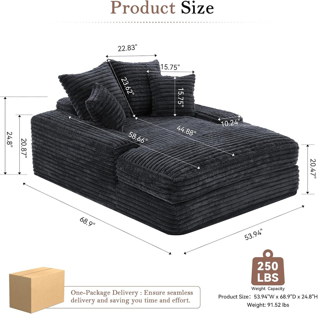 Oversized Chaise Lounge Chair Indoor, 62.6' Cloud Boneless Sleeper Couch Corduroy Upholstered Sofa Bed Deep Seat Comfy Reading Chair with 3 Pillows for Living Room Bedroom, Crey