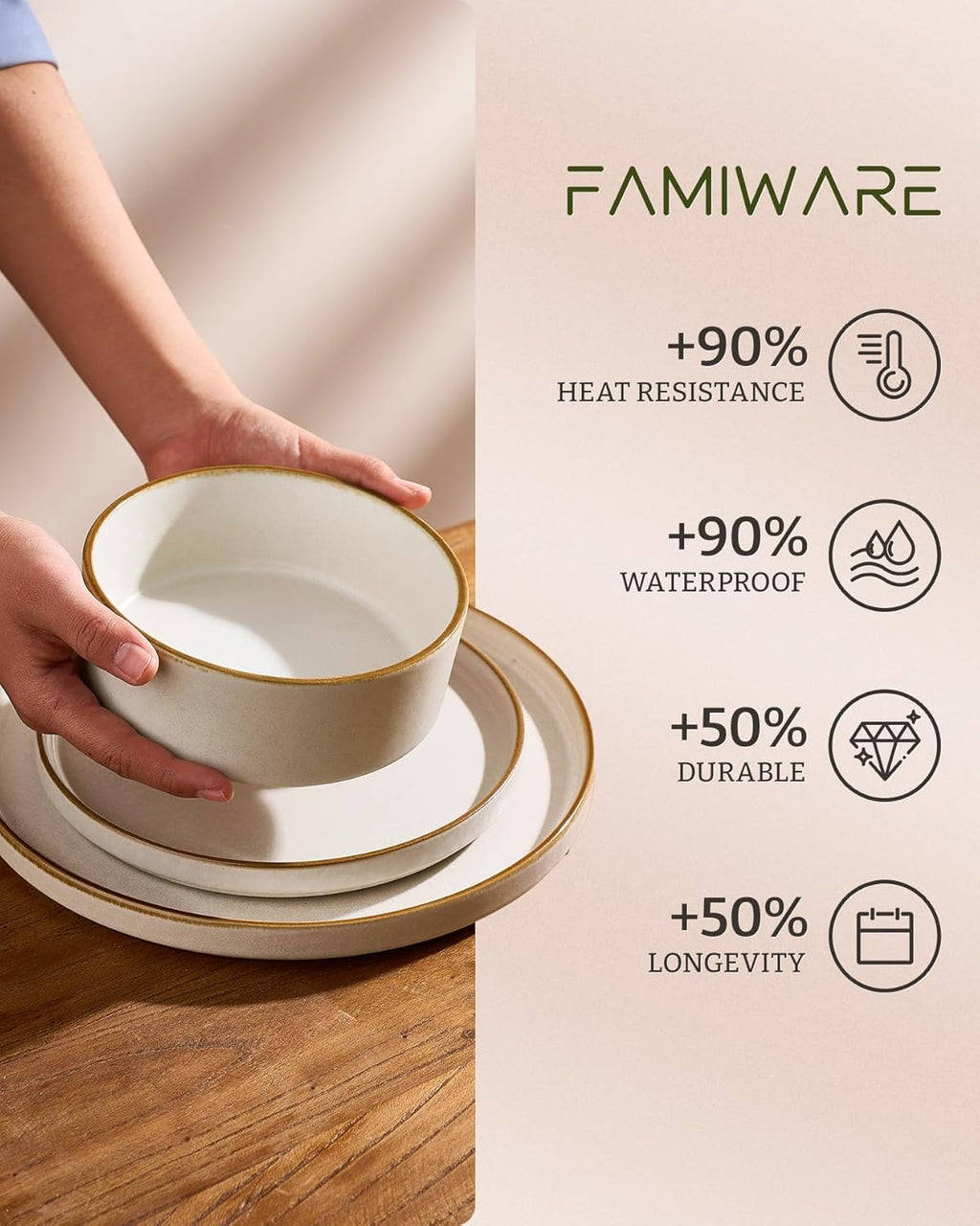 Famiware Nebula Plates and Bowls Sets, 24 Pieces Stoneware Dinnerware Sets, Reactive Glaze Dish Set, Dishes Set for 8, Matte Beige White with Brown Rim