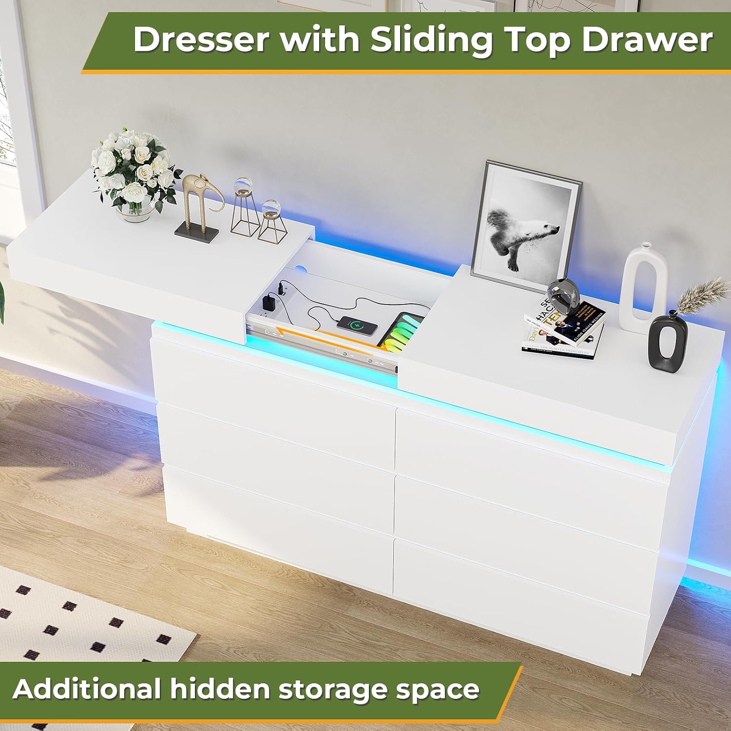 DICTAC Modern 6 Drawers White Dresser with Sliding Desktop, Wide Chest of Drawers with Charging Station & LED Lights, Large Storage Tower Clothes Organizer, White Dresser for Bedroom