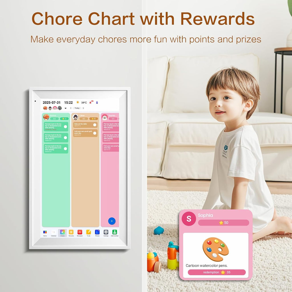 15.6 Inch Digital Calendar, Smart Family Organizer with 1920x1080 IPS Touchscreen, 64GB WiFi Electronic Chore Chart & Meal Planner, Wall Mountable Desk Display for Home (White)