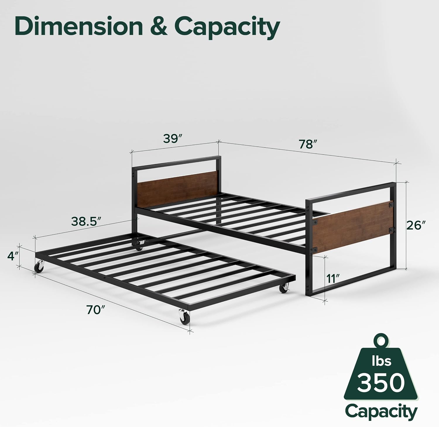 ZINUS Suzanne Bamboo and Metal Daybed with Trundle / Mattress Foundation with Steel Slat Support / Easy Assembly, Twin