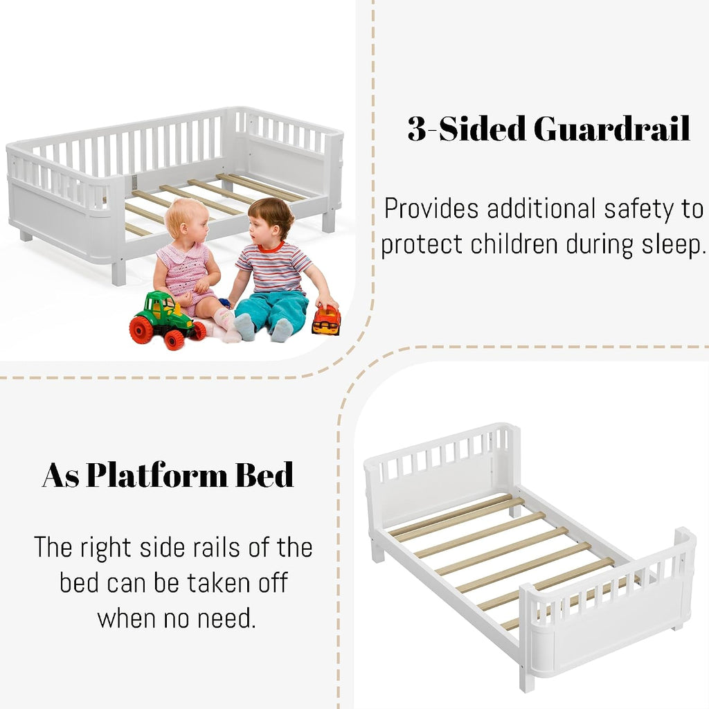 Twin Size Kids Bed with Rails, Wood Twin Montessori Bed Frame with Slats Support, Low to Ground Modern Baby Daybed with Detachable Side Bed Rails for Boys Girls Bedroom, White