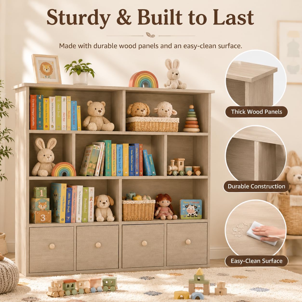 EROMMY 47' H Toy Storage Organizer and Bookcase, Toy Storage with 7 Storage Cubbies & 4 Foldable Drawers, Kids Book Shelf with Anti-tip Design, Modern Kids Furniture for Playroom, Bedroom, Natural