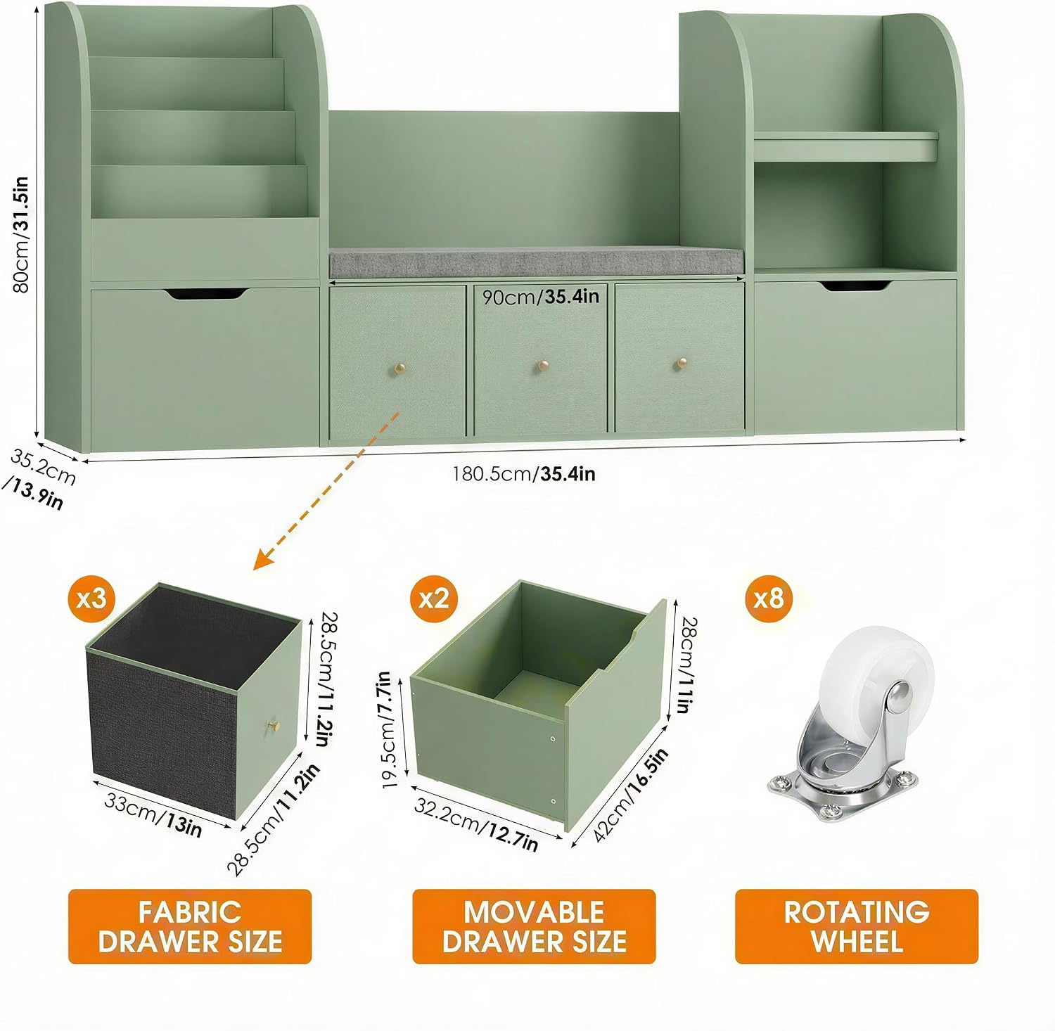 FOTOSOK 71' Kids Bookshelf with Reading Nook, Toy Storage Organizer with Seat Cushion and 2 Movable Drawers & 3 Fabric Toy Chests, Kids Reading Nook Toy Organizers and Storage with Bench for Playroom