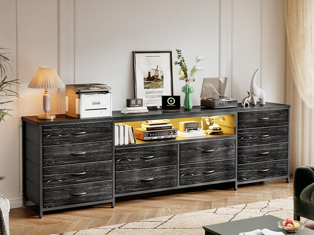 EnHomee Fits 65,70 inch TV Stand, 63' W Dresser TV Stand with LED Lights & Power Outlets, Entertainment Center with 12 Fabric Drawers Long Dresser for Bedroom, Living Room, Hallway, Black