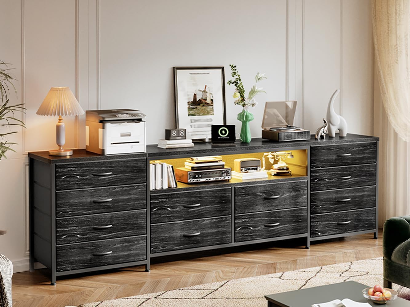 EnHomee Fits 65,70 inch TV Stand, 63' W Dresser TV Stand with LED Lights & Power Outlets, Entertainment Center with 12 Fabric Drawers Long Dresser for Bedroom, Living Room, Hallway, Black