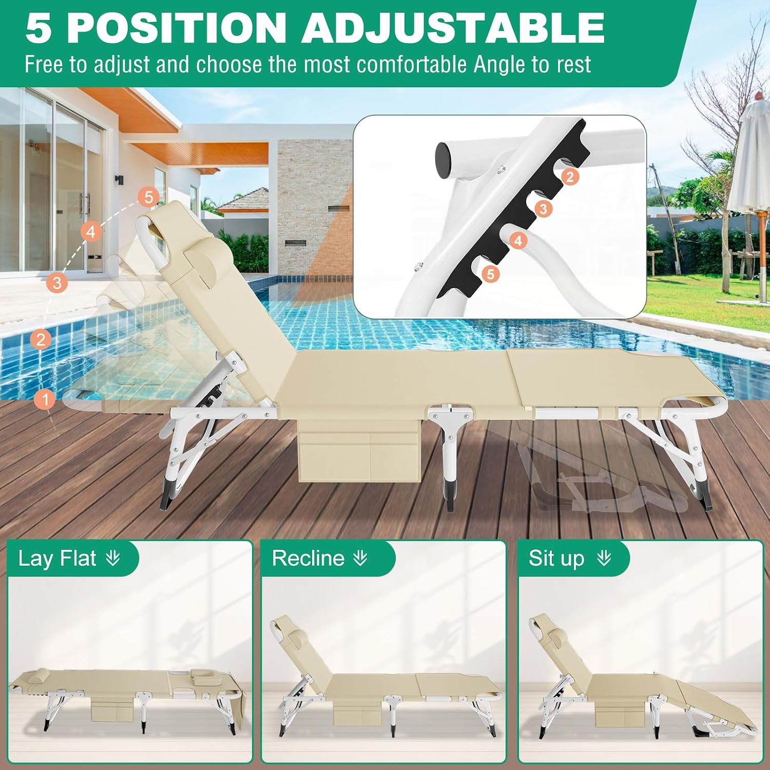 LILYPELLE 3in1 Sun Tanning Chair with Mattress, Heavy Duty Lounger Chairs with Face Arm Hole, Removable Pillow, Outside Chaise Lounge Chair for Sunbathing, Patio, Poolside, Lawn, Beach