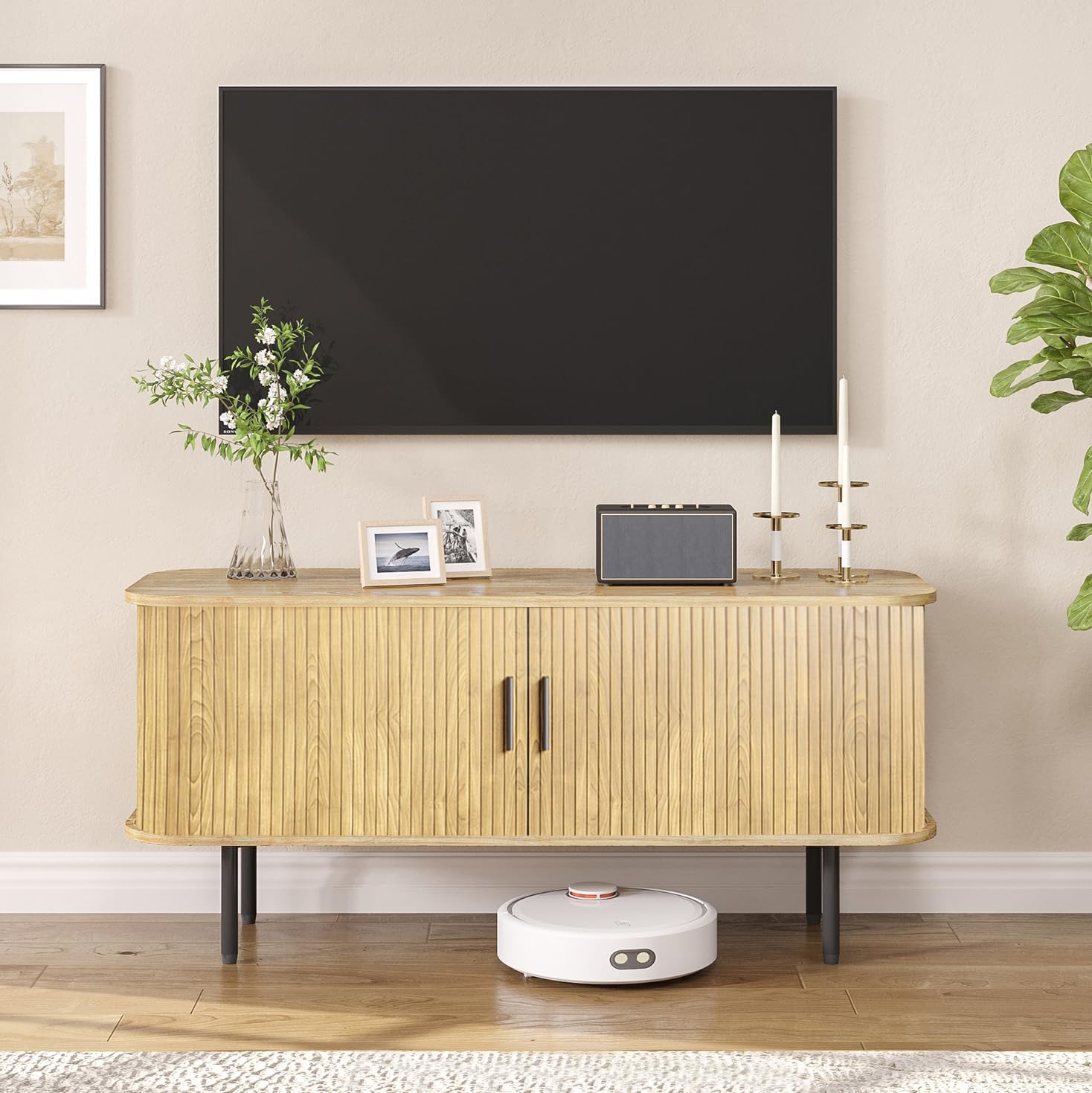 FiveWillowise 47' Natural Fluted TV Stand for TVs up to 60 Inch, Gaming Entertainment Center with Tambour Slatted Sliding Doors and Storage Cabinet, Media TV Consoles Table for Living Room, Office