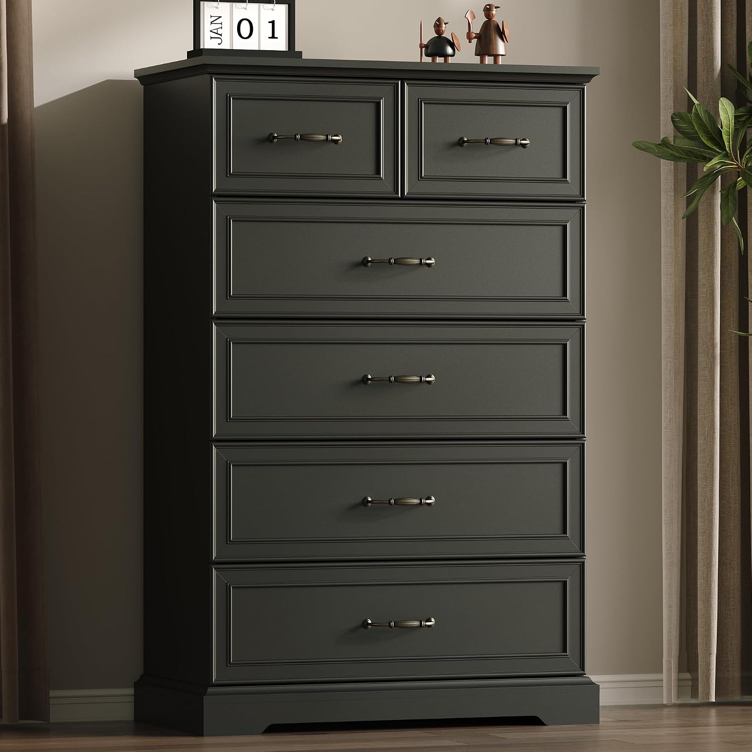 Farmhouse 6 Drawers Dresser for Bedroom, 49' Tall Modern Chest of Drawers with Deep Drawers & Bar Handles, Rustic Wood Dresser TV Stand, Wooden Closet Storage Organizer for Living Room, Hallway, Black