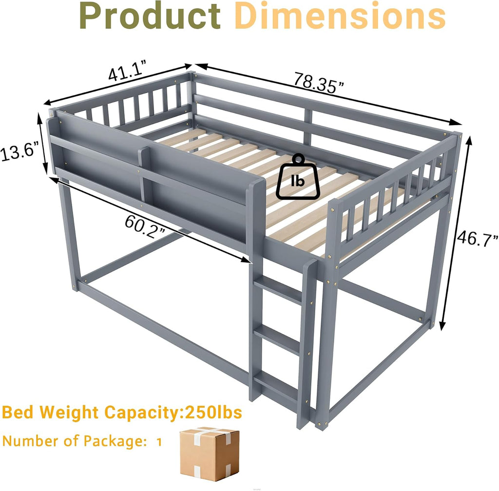 Low Bunk Bed Twin Over Twin for Kids, Wood Floor Bunk Beds with Bookshelf & Ladder, Low Profile Bunked with Full Guardrails for Kids, Juniors, Boys, Girls, Bedroom, Gray