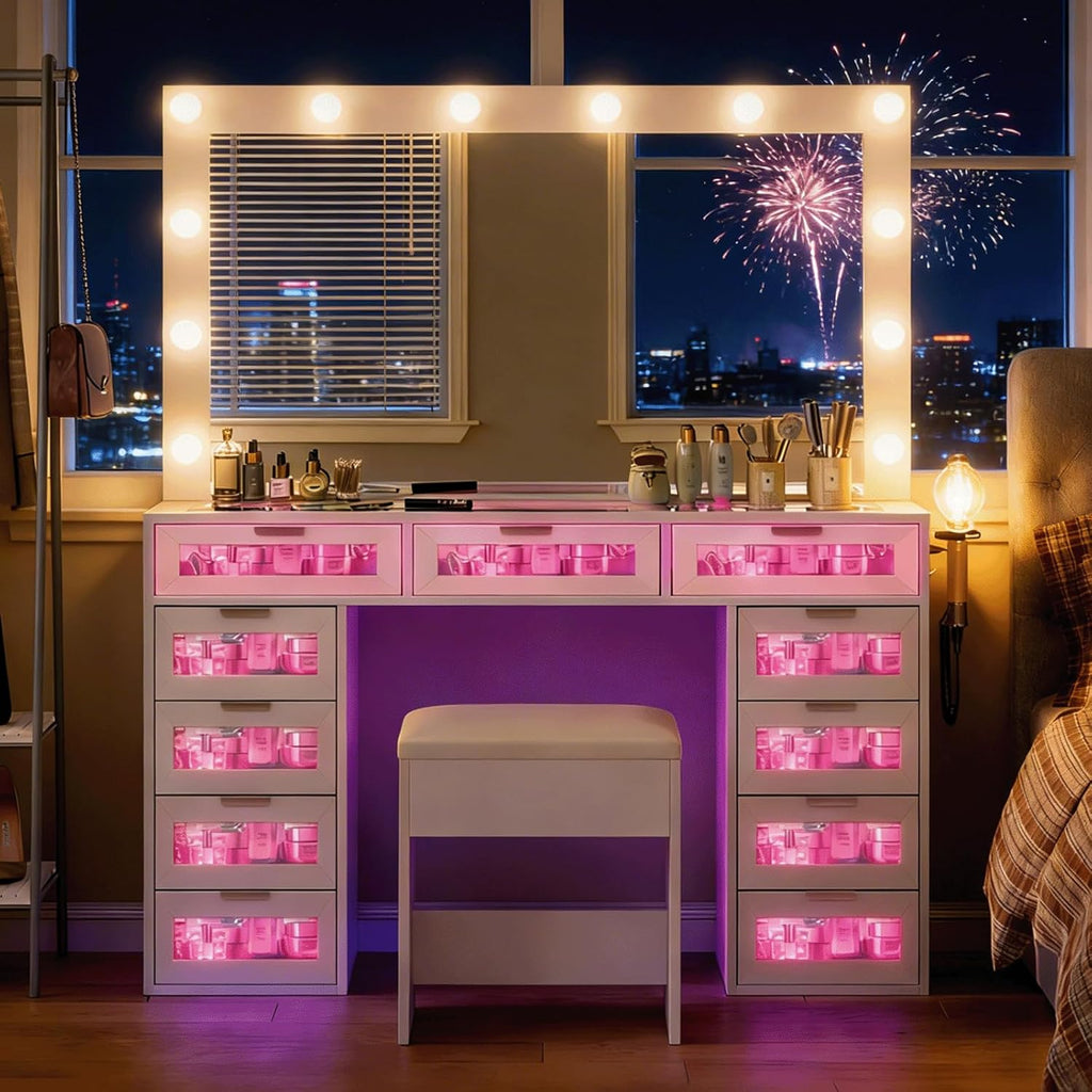 White Luxury Makeup Vanity with 11 Drawers & RGB Lights, Large Vanity Table with Padded Stool & 11 LED Bulbs, Vanity Desk with Power Station and Hair Dryer Holder, for Women Girls Bedroom.