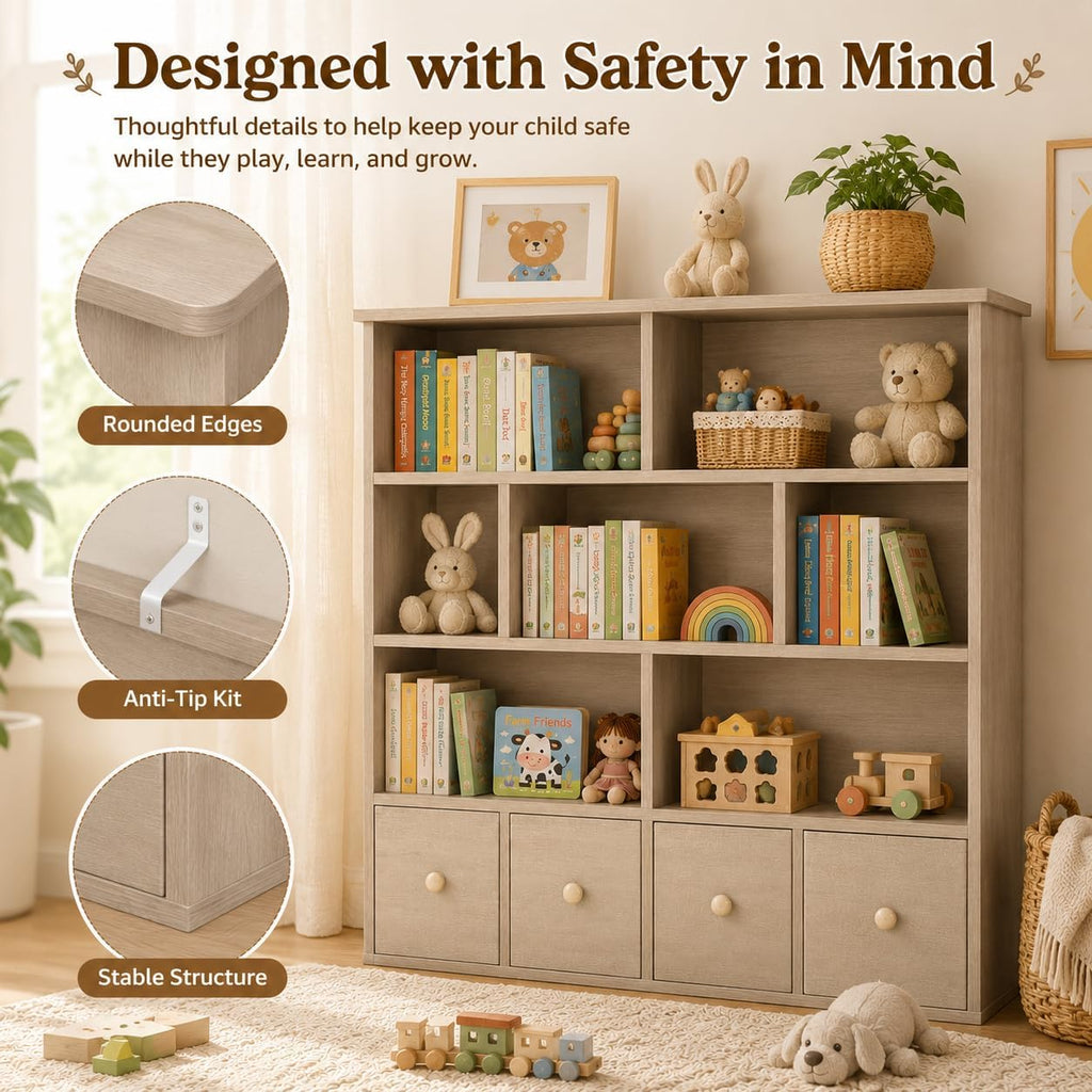 EROMMY 47' H Toy Storage Organizer and Bookcase, Toy Storage with 7 Storage Cubbies & 4 Foldable Drawers, Kids Book Shelf with Anti-tip Design, Modern Kids Furniture for Playroom, Bedroom, Natural